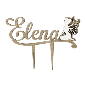 Cake topper stick con nome e fatina in legno tortora