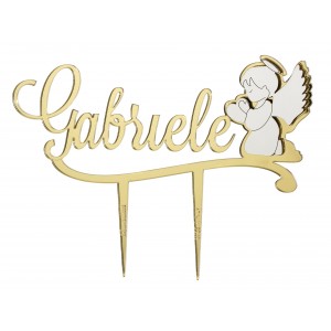 Cake topper stick con nome e angelo in specchio oro