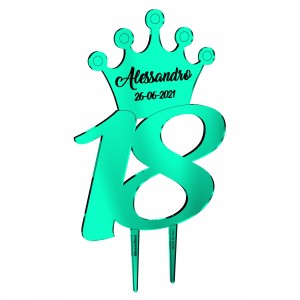 Cake topper stick 18° con corona e nome personalizzato in specchio verde - cm 15 x 20