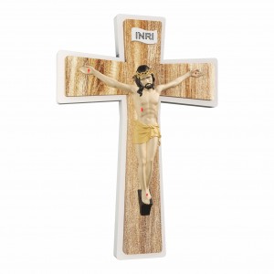 Sacro - Crocifisso in resina smaltata a colori con croce in legno tortora
