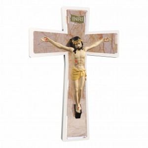 Sacro - Crocifisso in resina smaltata a colori con croce in marmo beige