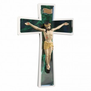 Sacro - Crocifisso in resina smaltata a colori con croce in marmo verde