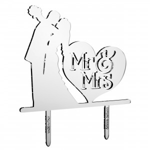 Cake Topper sposi_cuore Mr&Mrs in plex specchio argento, cm 15