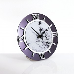 Orologio da tavolo tondo plex specchio grigio fumè con stampa marmo bianco