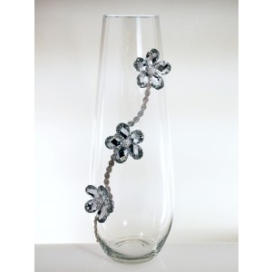 Vaso grande in vetro trasparente decorazione fiori in cristallo platino e passamaneria strass argentata