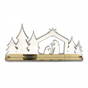 Natività Led grande con alberi in plex specchio argento e base oro