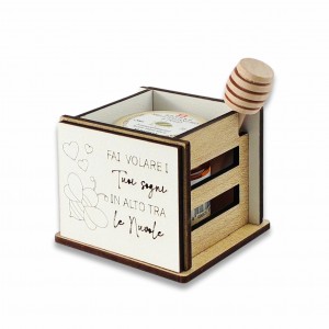 Delious / Cassetta legno decoro ape-cuori con vasetto miele 35g