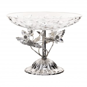 Alzata in vetro con metallo argento e fiori cristallo