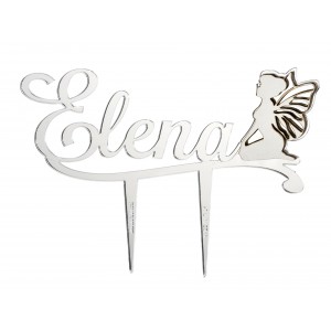 Cake topper stick con nome e fatina in specchio argento