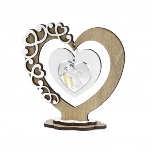 Icona piccola in legno a forma di cuore con sacra famiglia