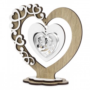 Icona media in legno a forma di cuore con sacra famiglia