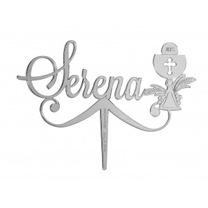 Cake topper stick con nome e calice in specchio argento