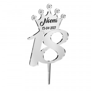 Cake topper stick 18° con corona e nome personalizzato in specchio argento - cm 12 x 15