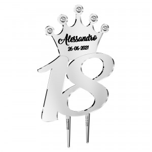 Cake topper stick 18° con corona e nome personalizzato in specchio argento - cm 15 x 20