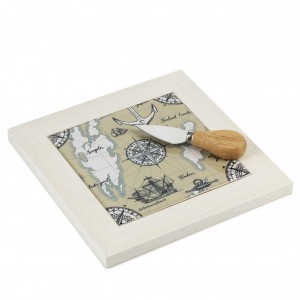 Tagliere in legno Shabby con maiolica nautica e coltello