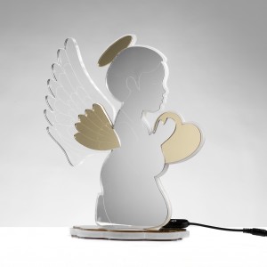 Lampada led a forma di angelo con cuore in plex specchio argento e oro
