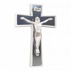 Sacro - Crocifisso in resina  bianco-tortora con croce specchio argento