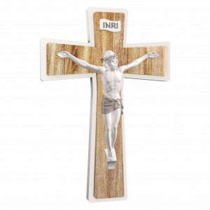 Sacro - Crocifisso in resina bianca con croce in legno tortora