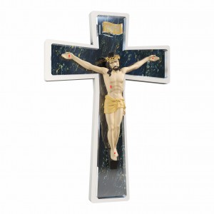 Sacro - Crocifisso in resina smaltata a colori con croce in marmo blu