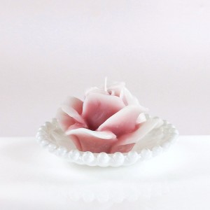 Rosa cera rosa-antico con piattino in vetro laccato bianco