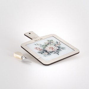 Tagliere piccolo legno avorio e vetro decoro "Rose" con coltellino