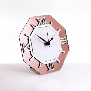 Orologio da tavolo ottagonale plex specchio bronzo con stampa marmo beige