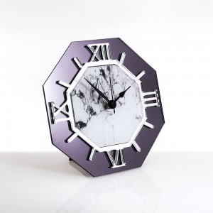 Orologio da tavolo ottagonale plex specchio grigio fumè con stampa marmo bianco
