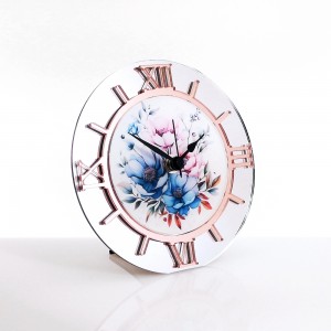 Orologio da tavolo tondo plex specchio argento con stampa gardenie