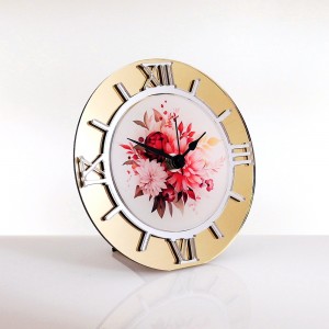 Orologio da tavolo tondo plex specchio oro con stampa margherite