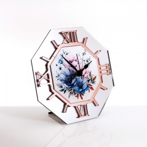 Orologio da tavolo ottagonale plex specchio argento con stampa gardenie