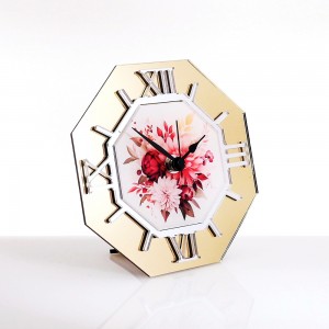 Orologio da tavolo ottagonale plex specchio oro con stampa margherite