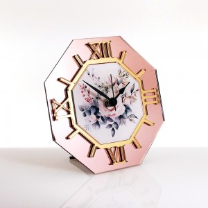Orologio da tavolo ottagonale plex specchio rosegold con stampa rose