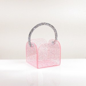 Cubo portaconfetti in plex glitter rosa manico strass argentato