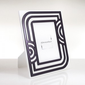 Portafoto rettangolare legno laccato bianco cornice design cerchi in plex specchio grigio fumè