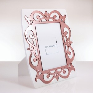 Portafoto stondato legno laccato bianco cornice design fregi in plex specchio rosegold