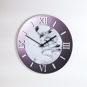 Orologio da parete tondo in plex specchio grigio fumè e stampa marmo bianco