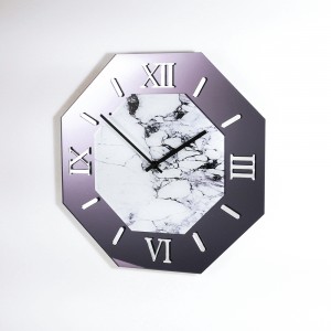 Orologio da parete ottagonale in plex specchio grigio fumè e stampa marmo bianco