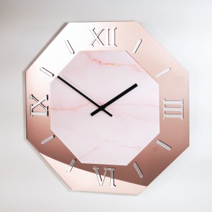 Orologio da parete ottagonale in plex specchio rosegold e stampa marmo rosa