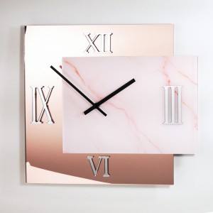 Orologio da parete squadrato in plex specchio rosegold e stampa marmo rosa