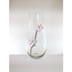 Vaso medio in vetro trasparente decorazione fiori in cristallo boreale passamaneria strass argentata