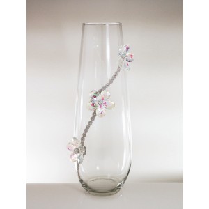 Vaso grande in vetro trasparente decorazione fiori in cristallo boreale e passamaneria strass argentata