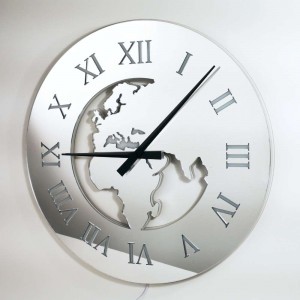 Orologio da parete con luce led design mappamondo decoro plex specchio argento