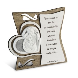 Icona in legno con poesia incisa Sacra Famiglia