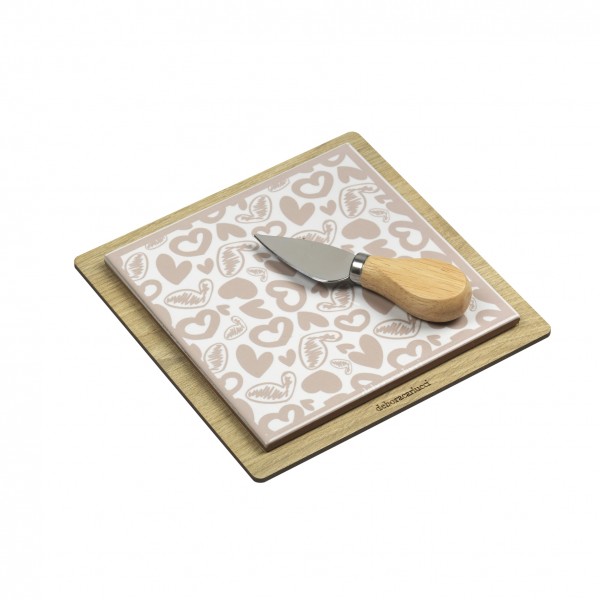 Tagliere grande con coltello - Decorazione cuori beige