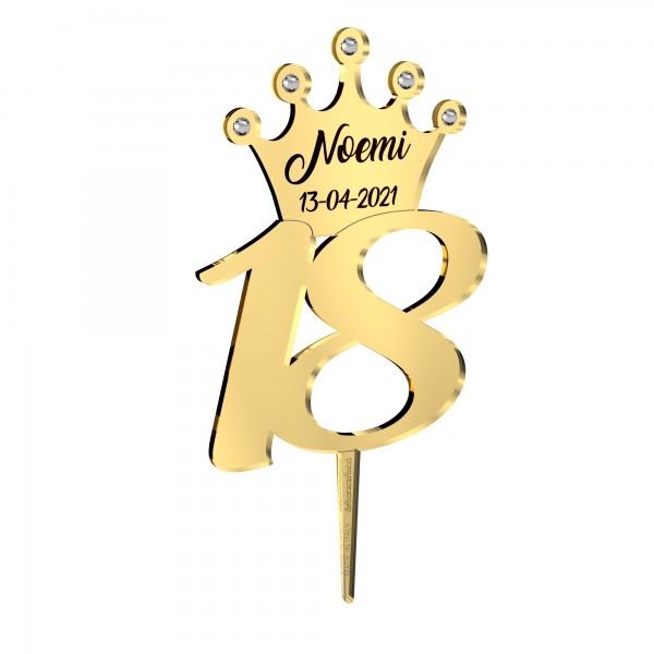 Cake topper stick 18° con corona e nome personalizzato in specchio oro - cm  12 x 15