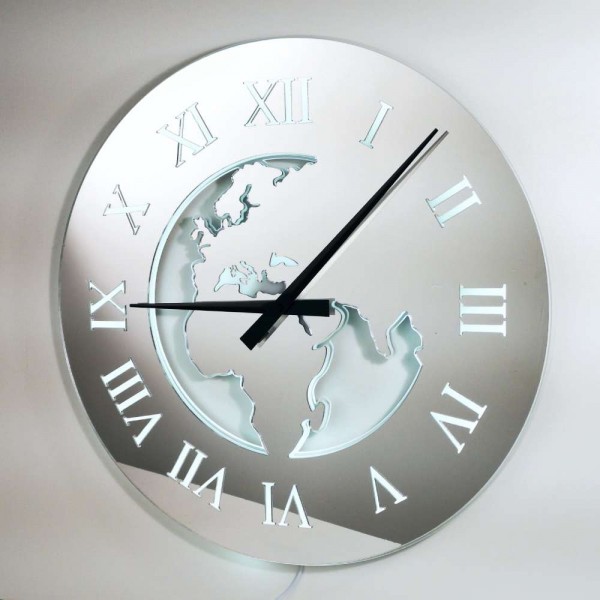 Orologio da parete con luce led design mappamondo decoro plex specchio argento