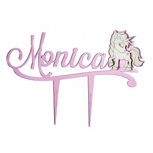 Cake topper stick con nome e unicorno in specchio rosa