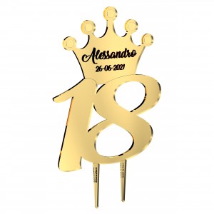 Cake topper stick 18° con corona e nome personalizzato in specchio oro - cm 15 x 20