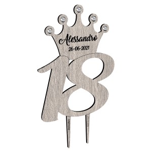 Cake topper stick 18° con corona e nome personalizzato in legno