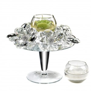 Small Glass raise, 6 crystal flowers and spheres with strass, white jelly wax, Ø 25 cm - H 18,6 cm